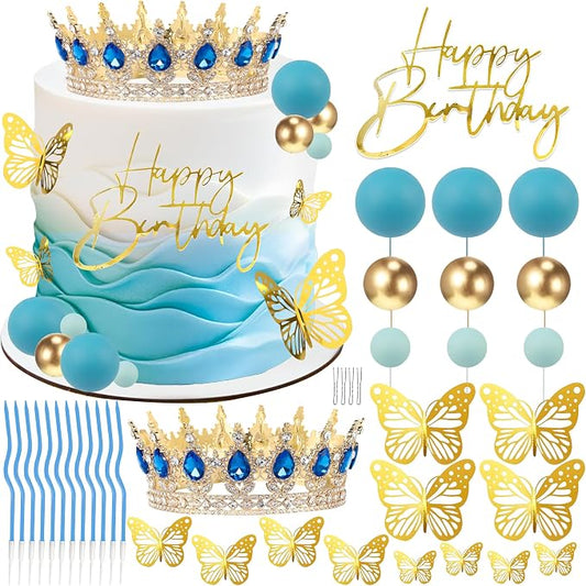 Crown Cake Topper, Blue & Gold Crown Balls Happy Birthday Cake Toppers Candles Butterfly, Corona Para Pastel, Crown Cake Decorations for Women Queen Princess Party (Gold, Sky Blue)