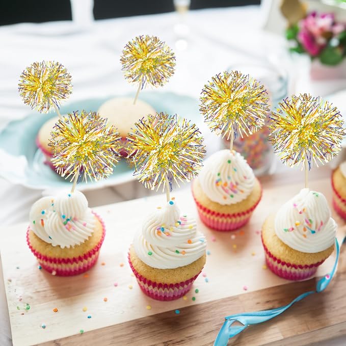 Gyufise 30Pcs Foil Firework Cupcake Toppers Sparkle Tinsel Cake Toppers Tinsel Drink Cake Decoration Cocktail Picks for Halloween Birthday Wedding Graduation Party Supplies Laser Yellow