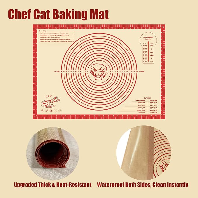 28" x 20" Silicone Baking Mat with Measurements, Extra Large, Durable Nonstick Dough Matt for for Baking, Pizza Making, Cookies & Pastry Rolling (Red)