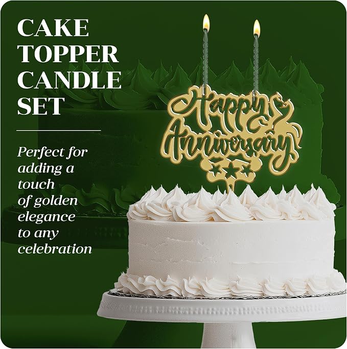 Happy Anniversary Cake Topper Candle, Gold Acrylic Anniversary Cake Decoration, 2 Wick Celebration Cake Topper
