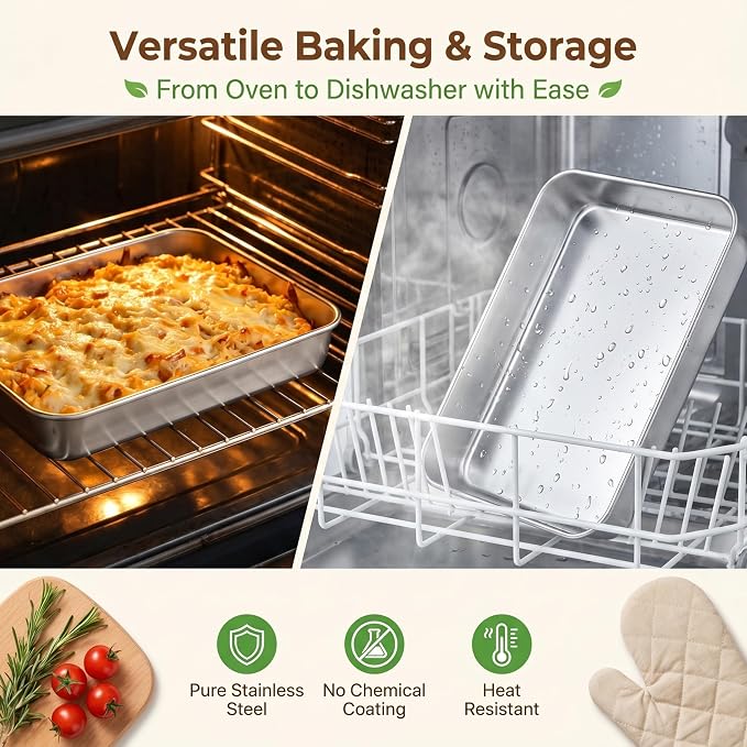 E-far Stainless Steel Baking Pan with Lid, 12⅓ x 9¾ x 2 Inch Rectangle Sheet Cake Pans with Covers Bakeware for Cakes Brownies Casseroles, Non-toxic & Healthy, Heavy Duty & Dishwasher Safe