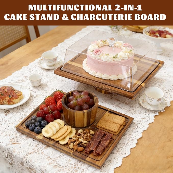 Jolitac Acacia Wood Cake Stand with Lid - Extra Large 17" Rectangular 2-in-1 Dessert Display & Charcuterie Board, Shatterproof Acrylic Dome for Freshness, Perfect for Weddings Parties Gifts