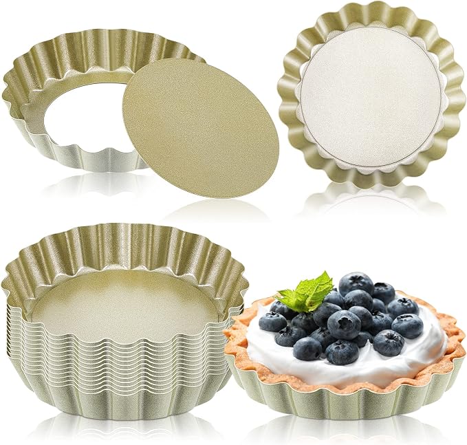 Tessco for you 16 Pcs Mini Tart Pans for Baking, 4 Inch Quiche Pans with Removable Bottom, Nonstick Egg Tartlets Molds Fluted Side Bakeware for Pie Fruit Tart Cheesecake Dessert (Gold Round)