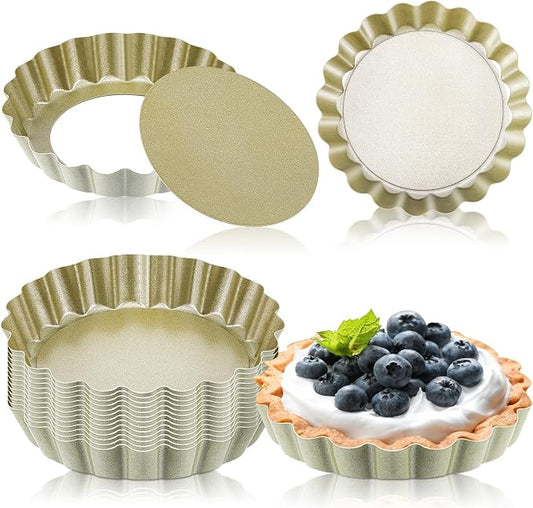Tessco for you 16 Pcs Mini Tart Pans for Baking, 4 Inch Quiche Pans with Removable Bottom, Nonstick Egg Tartlets Molds Fluted Side Bakeware for Pie Fruit Tart Cheesecake Dessert (Gold Round)