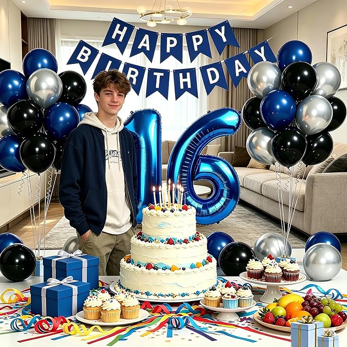 Blue 16th Birthday Decorations For Boys -12 Inch Navy Blue Black Silver Balloons, 32 Inch16 Balloon, Happy Birthday Banner For Sweet 16 Party Decorations Boy