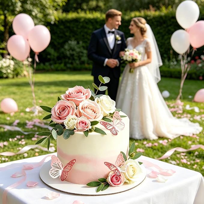 Flower Cake Toppers, Happy Birthday Rose Gold Cake Decorations with Artificial Flowers Butterfly Balls for Wedding Baby Shower Birthday Party Supplies (Pink)