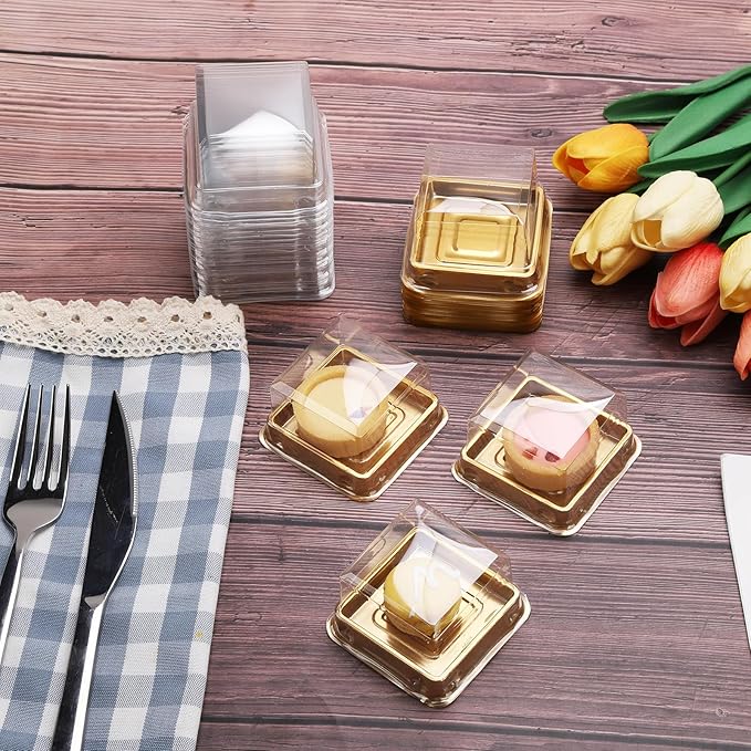 50 Set Gold bottom Clear cover plastic mini cake box,muffin box,moon cake box,mung bean cake snow Mei Niang box