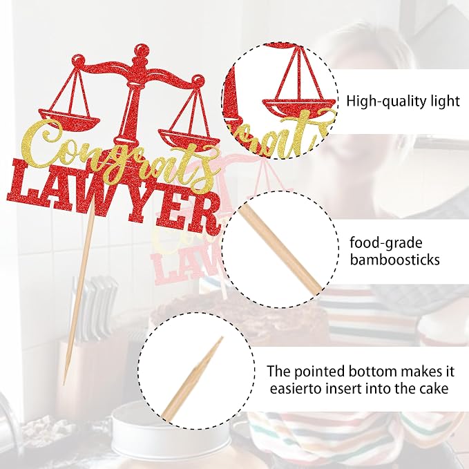 1 Pack Congrats Lawyer Cake Topper Glitter Class of 2026 Law School Survivor Cake Pick 2026 Graduation Cake Decorations for 2026 Lawyer Graduation Party Supplies Red Gold