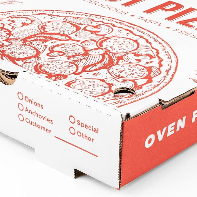 Karat Pizza Boxes 14" x 14" [50 Pack] Classic Red Print Grease-Resistant Corrugated Pizza Box, Ventilated & Convertible to Plate, Perfect for Personal & Pizzas