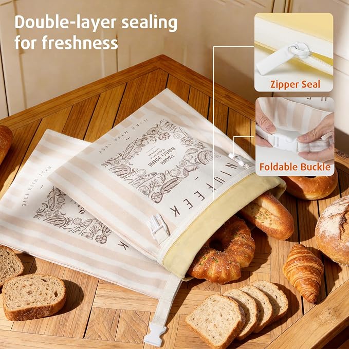 2-Pack Beeswax Bread Bags for Homemade Bread, 12.6 x 17 Inch Reusable Sourdough Bread Bags, Removable Beeswax Lined Food Storage Bag, Zippered Linen bread keeper, Suitable for Fresh and Frozen Storage