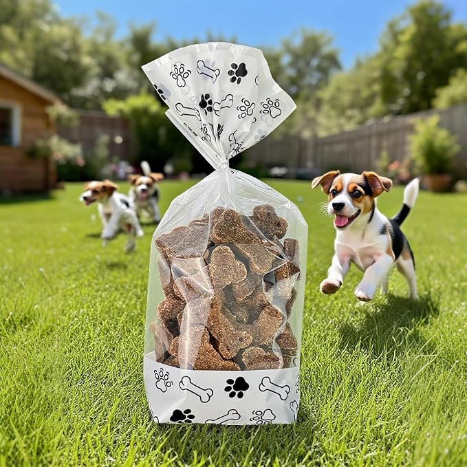 EKAPACKAGING 25 Pack 4.3x8.3 Inch Clear Paw Print Dog Treat Bags with Twist Ties Flat Bottom Cellophane Goodie Bags for Pet Party Favors Birthday Gifts Retail Packaging Homemade Treats