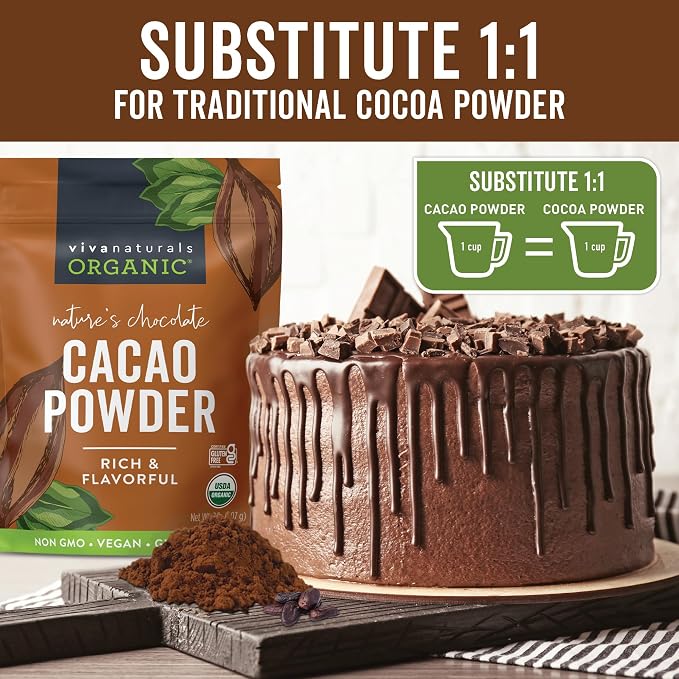 Organic Cacao Powder, Unsweetened, 2 lb (907 g) – Rich Dark Chocolate Flavor, Perfect for Baking, Smoothies & Hot Chocolate – Vegan, Keto, Paleo, Non-GMO & Gluten-Free Cocoa Powder