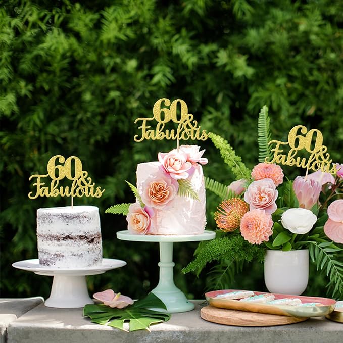 1 PCS 60 & Fabulous Cake Topper Gold Glitter 60th Birthday Anniversary Cake Pick Decoration for 60th Birthday Wedding Anniversary Party Decorations Happy 60th Birthday Cake Decorations Supplies