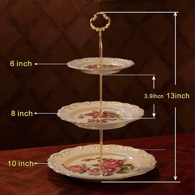 YOLIFE Pink Rose Pattern 3 Tiered CupCake Stand, Emboss Golden Leaves Edge Porcelain 3 Tier Pastry Desert Fruit Stand