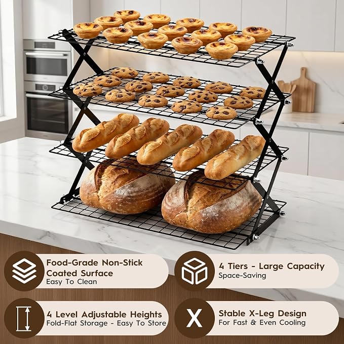 4 Tier Collapsible Cooling Rack - Upgraded Adjustable Heavy Duty Cooling Rack with 4 Setting Stackable Design - Space-Saving Folding Wire Bread Cookie Racks Cooling Baking Gifts for Women Black