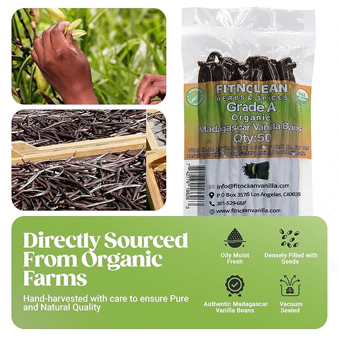 50 Organic Grade A Madagascar Vanilla Beans. Certified USDA Organic for Extract and All Things Vanilla. ~5" by FITNCLEAN VANILLA. Bulk Fresh NON-GMO Pods.