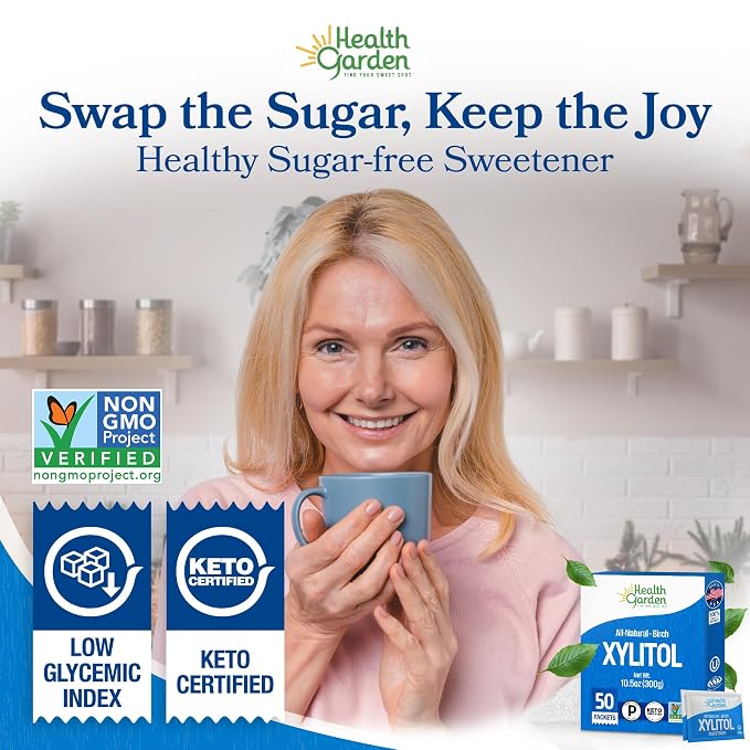 Health Garden Birch Xylitol Sweetener, 50 Packets – 100% Birch-Derived Xylitol Sugar Substitute for Baking & Coffee, 1:1 Sugar Replacement, Supports Teeth, Keto, Vegan, Non-GMO