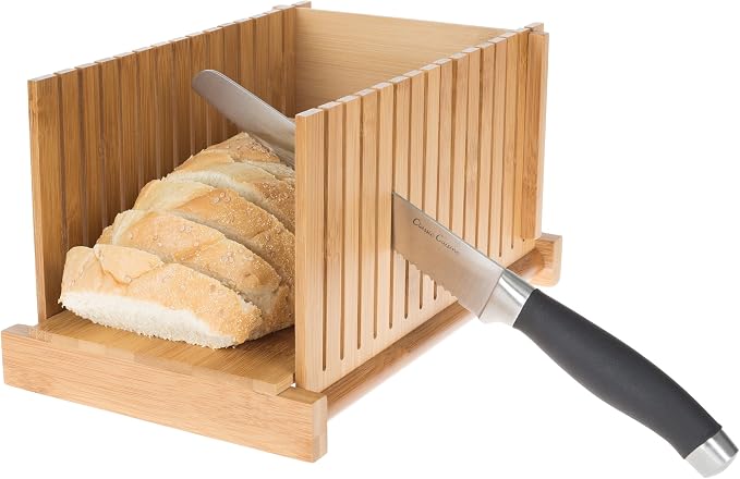 Classic Cuisine Bamboo Bread Slicer - Foldable, Adjustable Knife Guide and Board for Even Loaf Cutting - Food Preparation Tool for Home Bakers