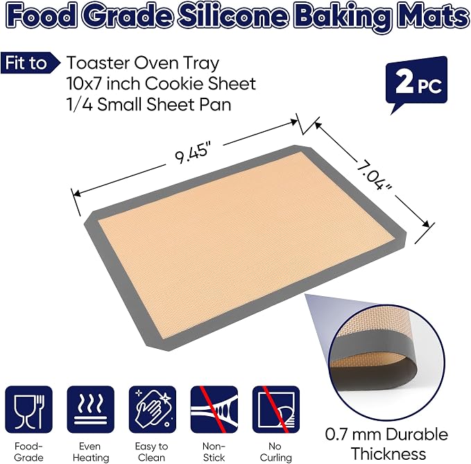 E-far Small Silicone Baking Mats, 2-Pack Nonstick Reusable Silicone Mat for Toaster Oven Pan Baking Cookie, Fit 7.5x10” Rectangle Sheet Tray for Steak, Food Grade & Heat-Resistant, Easy Clean, Gray