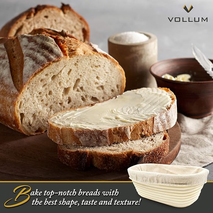 Vollum Banneton Bread Proofing Basket & Liner – Handmade Rustic Sourdough Bread Baking Supplies, Brotform, Sour Dough Tools, Gifts for Bakers - Oval - 10 x 7 x 3.75"H