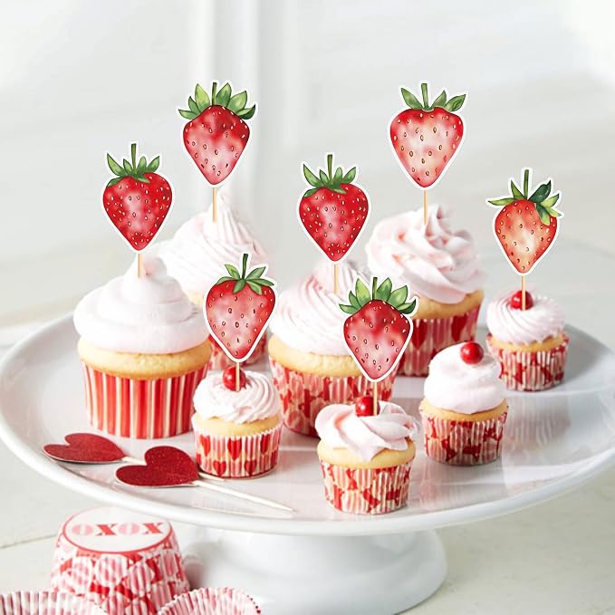 25pcs Watercolor Printed Strawberry Cupcake Toppers Red Strawberries Cupcake Picks for Strawberry Baby Shower Kids Boys Girls Berry Birthday Sweet Fruit Party Cake Decorations