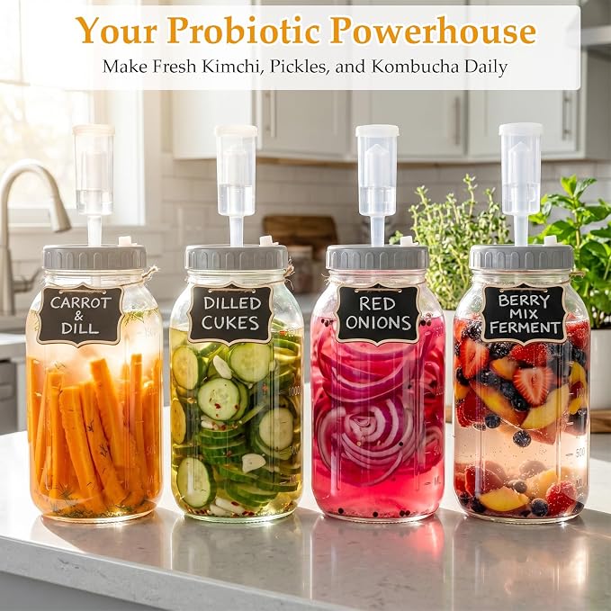 Mifoci 4 Pack Fermentation Jar Kit 64 oz Mason Glass Fermenting Jars with Fermenting Lids Airlock Lids Glass Weights Airlocks Silicone Rings for Easy Making and Storing Pickles Sauerkraut Kimchi