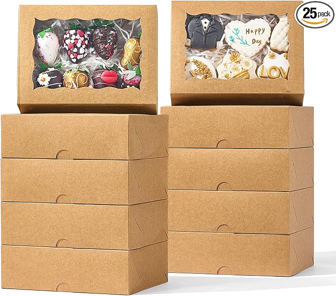 25PCS 8x6x2.5 Inch Brown Bakery Boxes with Window, Pastry Box for Chocolate Strawberries, Macarons, Truffles, Perfect for Thanksgiving Day, Mother's Day, Christmas Party Favors & Holiday