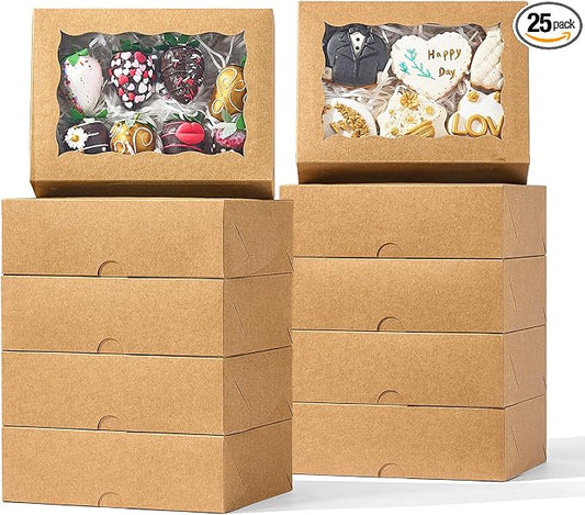 25PCS 8x6x2.5 Inch Brown Bakery Boxes with Window, Pastry Box for Chocolate Strawberries, Macarons, Truffles, Perfect for Thanksgiving Day, Mother's Day, Christmas Party Favors & Holiday