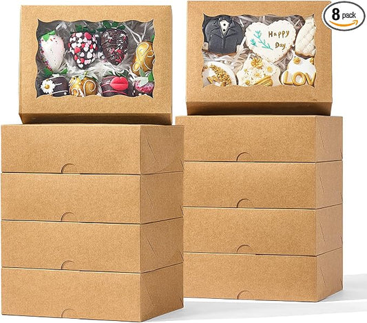 8PCS Brown Bakery Boxes with Window, 8x6x2.5 Inch Gift-Ready Pastry Box for Chocolate Strawberries, Macarons, Truffles, Ores, Cookies, Donuts, Perfect for Different Holiday Celebrate