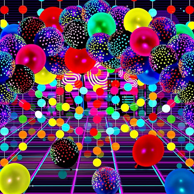 Skylety 32 Pcs Glow in The Dark Party Supplies Neon Party Favors with 25 Fluorescent Balloon 6 Rolls 98.4 ft UV Blacklight Luminous Tape 14.4 ft Neon Streamer Garland for Adults(Classic Dot)