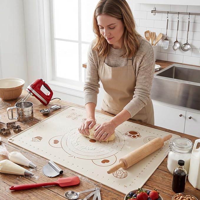 Silicone Baking Mat 28" x 20", Extra Thick Food Grade Liquid Silicone Non-Stick Dough & Pastry Rolling Mat with Measurements, Raised Edge, Reusable & Heat Resistant for Bread, Cookies, Pizza, Fondant