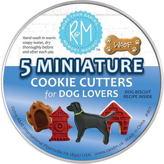 R&M International Mini Dog Cookie Cutters in Storage Tin, Paw, Dog, Fire Hydrant, Bone, House, 5-Piece Set