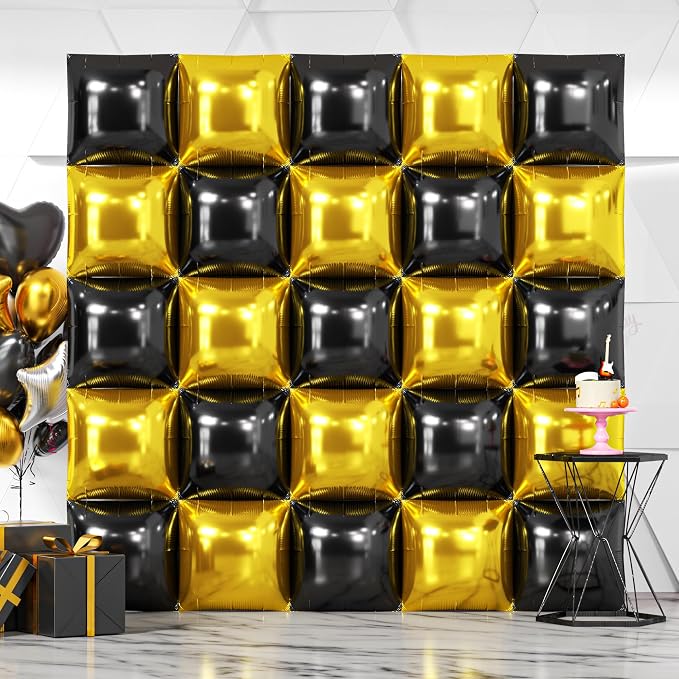 NISOCY 25PCS Black Gold Square Foil Balloons Wall Backdrop Double Sided Metallic Black Gold Balloons Arch Kit for 2026 New Year Graduation Anniversary Birthday Engagement Bridal Party Decorations