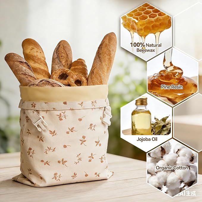 Beeswax Bread Bags for Sourdough, 2 pcs XL Zipper Reusable Bread Bags for Homemade Bread Soudough, Natural Cotton Linen Food Storage Bag for Picnics, Pantry, Long-Lasting Freshness (Rose Pattern)