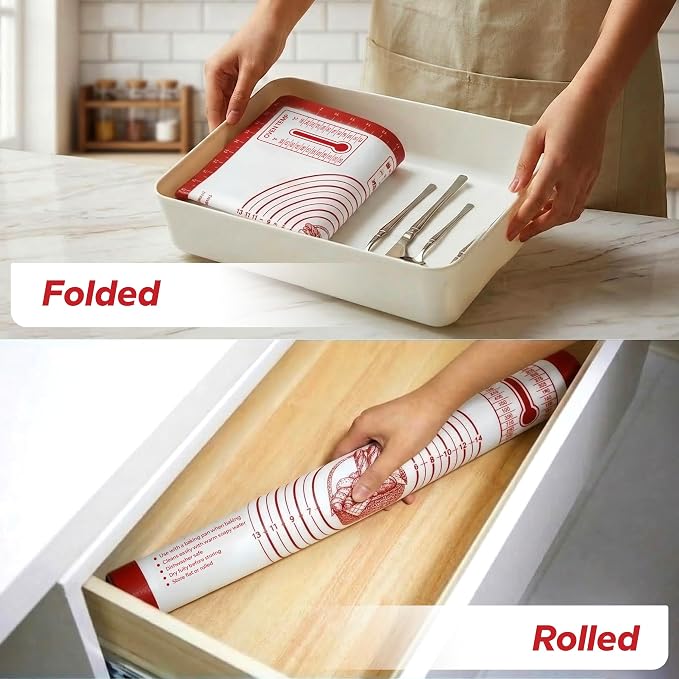 XL Silicone Pastry Mat for Baking, Extra Large 28x20 in, Non-Stick & Non-Slip Dough Mat for Rolling Out with Measurements, Bread, Pizza, Pie Crust, Cookies, Fondant,Oven Safe, Dishwasher Safe (Red)