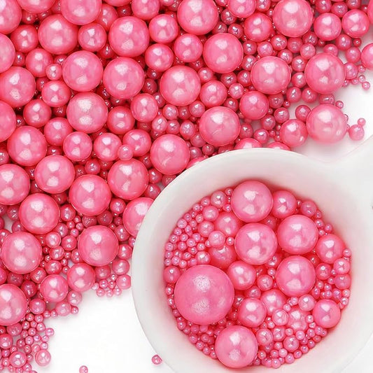 Pink Pearl Sprinkles for Cake Decorating, 6 Sizes Mix 4.6 oz Edible Pearl Sugar Sprinkles for Baking Cupcake Cookies
