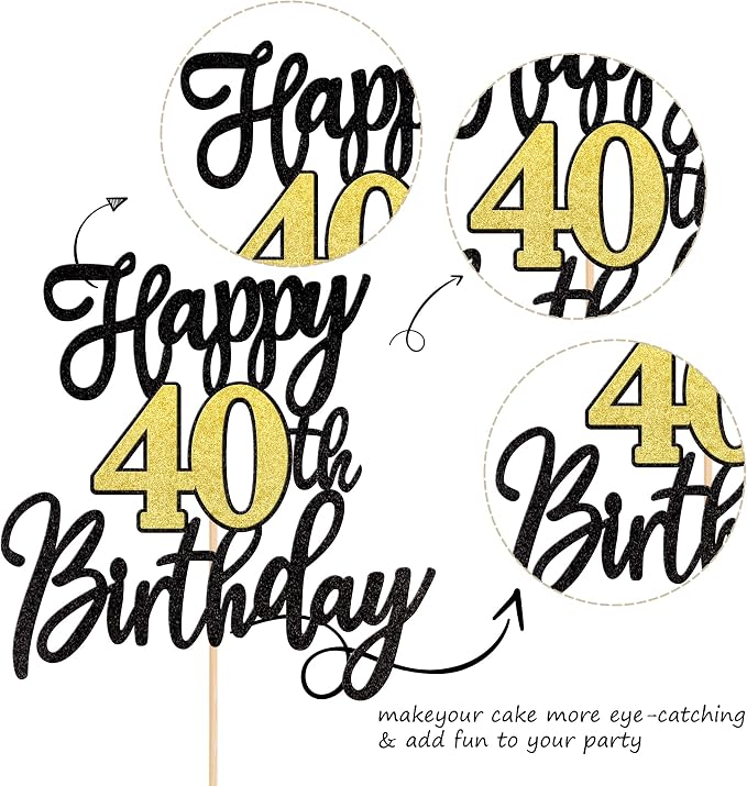 1 PCS Happy 40th Birthday Cake Topper Black Gold Glitter Cheers to 40 Years Birthday Cake Pick 40 Fabulous Cake Decoration for Happy 40th Birthday Anniversary Party Cake Decorations Supplies