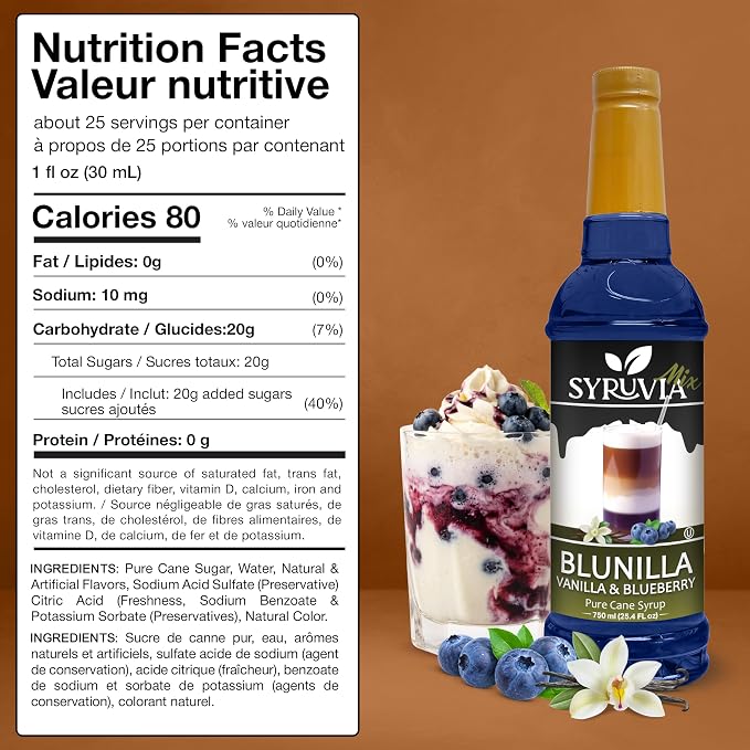 Syruvia Coffee Syrup, BLUNILLA Syrup, Vanilla Blueberry Flavored Syrup for Drinks, Lattes, and Desserts – 25.4 fl oz - with Pump