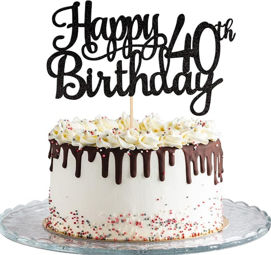 1 PCS Happy 40th Birthday Cake Topper Glitter Cheers to 40 Years Birthday Cake Pick 40 Fabulous Cake Decoration for Happy 40th Birthday Anniversary Party Decorations Supplies Black