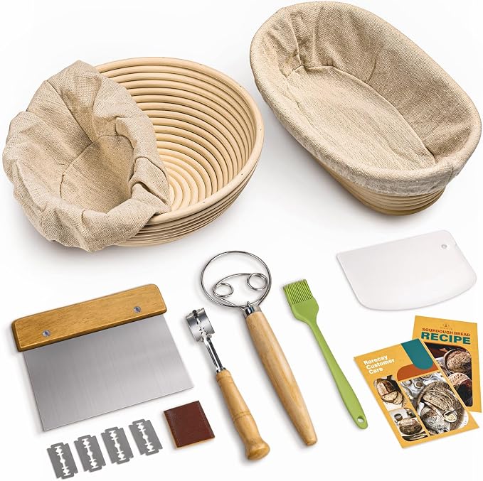 RORECAY Bread Banneton Proofing Basket Set, 9 Inch Round & 10 Inch Oval Cane Sourdough Baskets with Dough Whisk Lame Dough Scraper Bowl Scraper Silicone Brush Sourdough Bread Baking Supplies