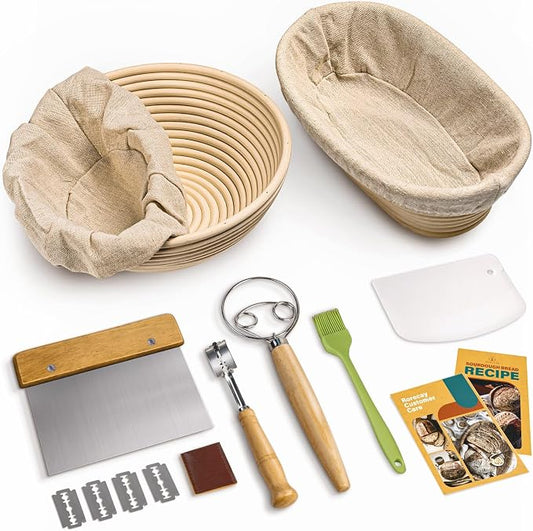 RORECAY Bread Banneton Proofing Basket Set, 9 Inch Round & 10 Inch Oval Cane Sourdough Baskets with Dough Whisk Lame Dough Scraper Bowl Scraper Silicone Brush Sourdough Bread Baking Supplies