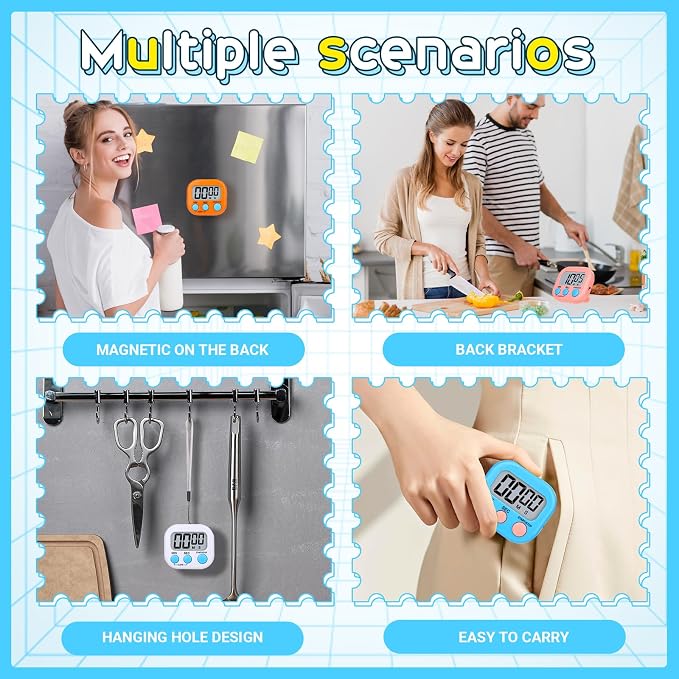 Mwellewm Digital Kitchen Timer 12 Packs Magnetic Classroom Stopwatch Timer 6 Colors Small Digital Countdown Timers for Cooking Mini Loud Alarm Stop for Kitchen Study Work Sports Games Office Clock