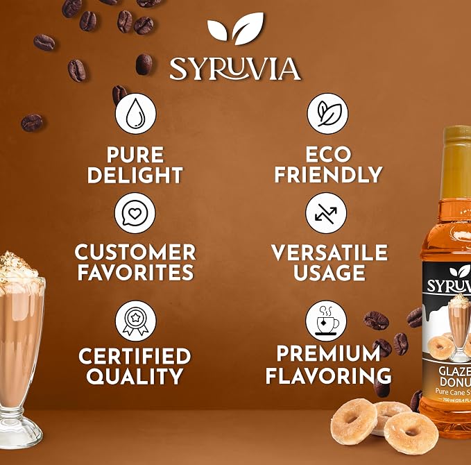 Syruvia Glazed Donut Syrup, Flavored Syrup for Specialty Drinks, Lemonades, Iced Teas, and Desserts – 25.4 fl oz - with Pump