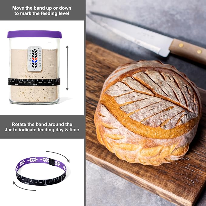 Premium Sourdough Starter Jar - 40oz Large Sourdough Jar with Marked Feeding Band, Scraper, Cloth Cover and Silicone Lid/Base, Wide Mouth Starter Kit - Purple