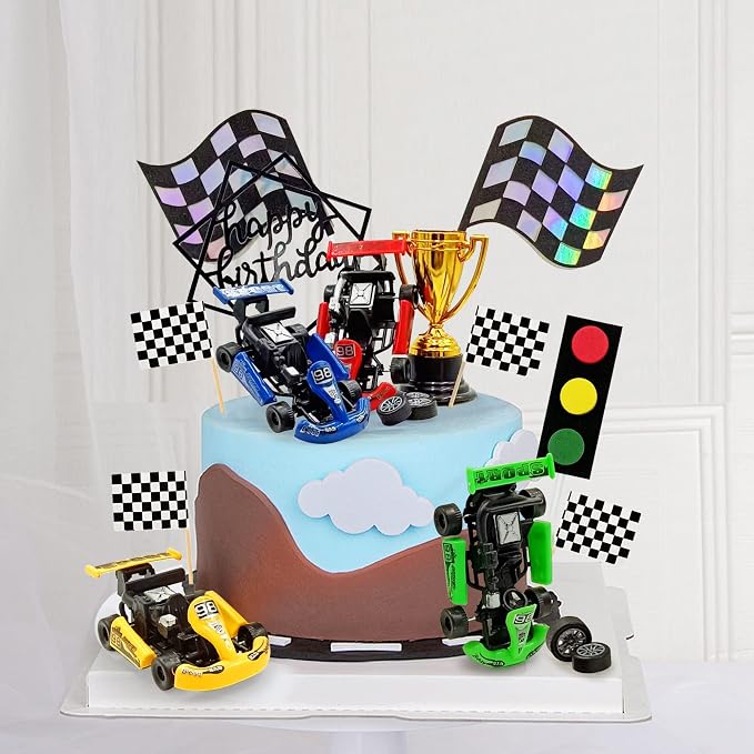 Racing Car Cake Decoration Car Cake Topper Happy birthday Card Inserted for Racing Theme Birthday Supplies Race Car Party Favors