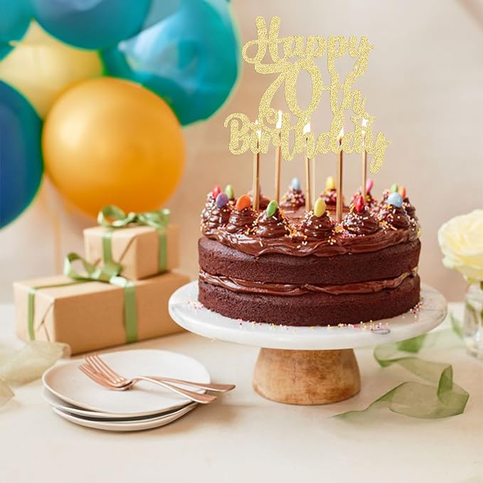 Gyufise 1Pc Happy 70th Birthday Cake Topper Glitter 70 & Fabulous Cheers to 70 Years 70th Birthday Cake Pick for Celebrating 70th Birthday Anniversary Party Cake Decorations Supplies Gold