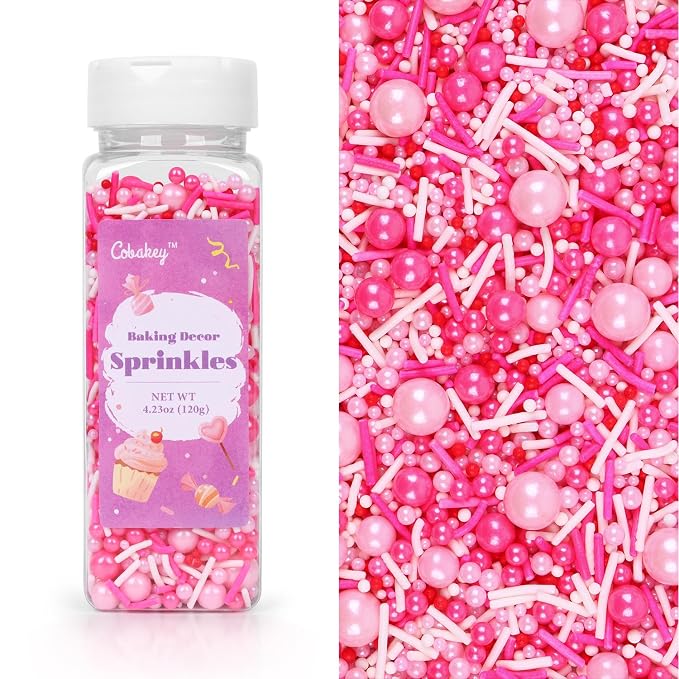 Pink Sprinkles for Cake Decorating 4.23ounce - Valentines Sprinkles for Baking, Cupcake, Ice Cream, Candy, Cookie Decorations - Pearl Sprinkles for Valentines Princess Bridal Shower Wedding Party