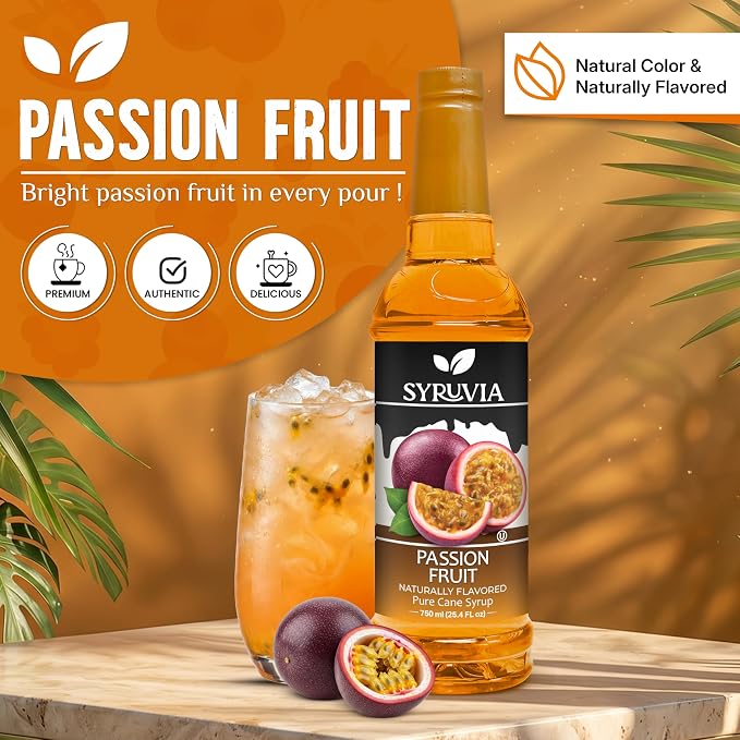 Syruvia Passion Fruit Syrup, Naturally Flavored Syrup for Drinks, Lemonades, Iced Teas, and Desserts – 25.4 fl oz - with Pump