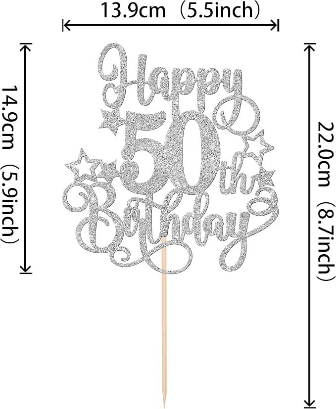 1 PCS Happy 50th Birthday Cake Topper Glitter Cheers to 50 Years Birthday Cake Pick Hello 50 Fabulous Cake Decoration for Happy 50th Birthday Anniversary Party Decorations Supplies Silver