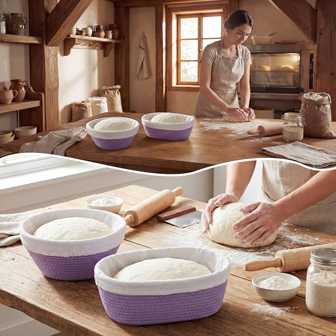 2 Pcs Cotton Rope Banneton Bread Proofing Basket Set 9 Inch Round and 10 Inch Oval Banneton Basket Sourdough Bread with Liners Covers for Baking Supplies(Purple)